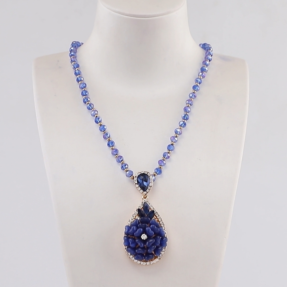 Royal Blue Floral Cat's Eye Teardrop  Crystal Bead Pendant Necklace Goldtone